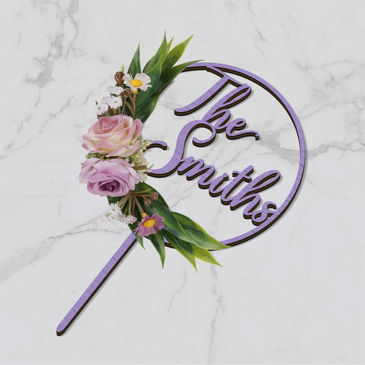 3D Flowers Wedding Cake Topper Custom Last Name Wedding Cake Decoration in Wood with 3D Artificial Roses (Lavender)