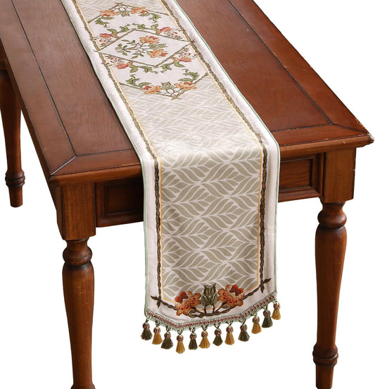 patdrea Designer French Floral Extra Long Velvet Table Runner 118 Inch Long,Green Orange Blossoms Pattern Table Mat, Decor for Kitchen Dining Coffee Table Cabinet Banquet Thanksgiving,16"*118"