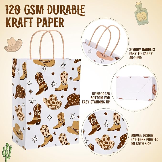 Gaillty 24 Pcs Western Cowboy Paper Bags Boot Hat Brown Cowboy Gift Bags Wild West Goodie Candy Treat Bag with Handles for Birthday Baby Shower Bachelorette Party Supplies Western Party Decorations