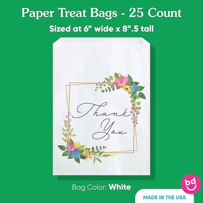 Big Dot of Happiness Wildflowers Thank You Paper Treat Bags, Boho Floral Bridal Shower or Wedding Party Individual Candy Snack Favors, Greaseproof White Sandwich Cookie Bags - 25 Count