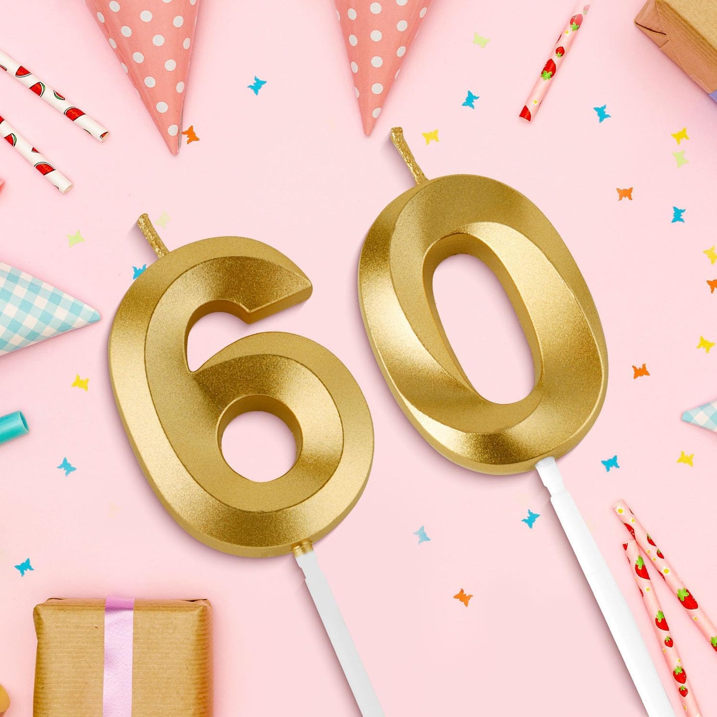 Birthday Candles, 1.96 Inch Number 60 Happy Birthday Candles, Number Candles Decoration for Birthday Party and Anniversary Celebration(Champagne Gold)