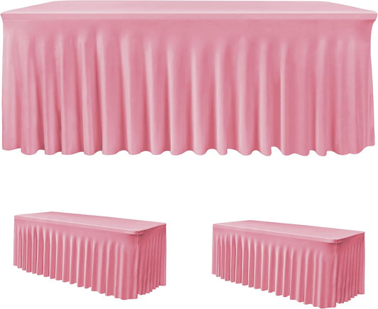 HolidayIdeas 2 Pack Spandex Table Skirts for 4 ft Folding Table, Stretch Rectangle Tablecloth for Wedding, Banquets, Parties, Pink, 24x48