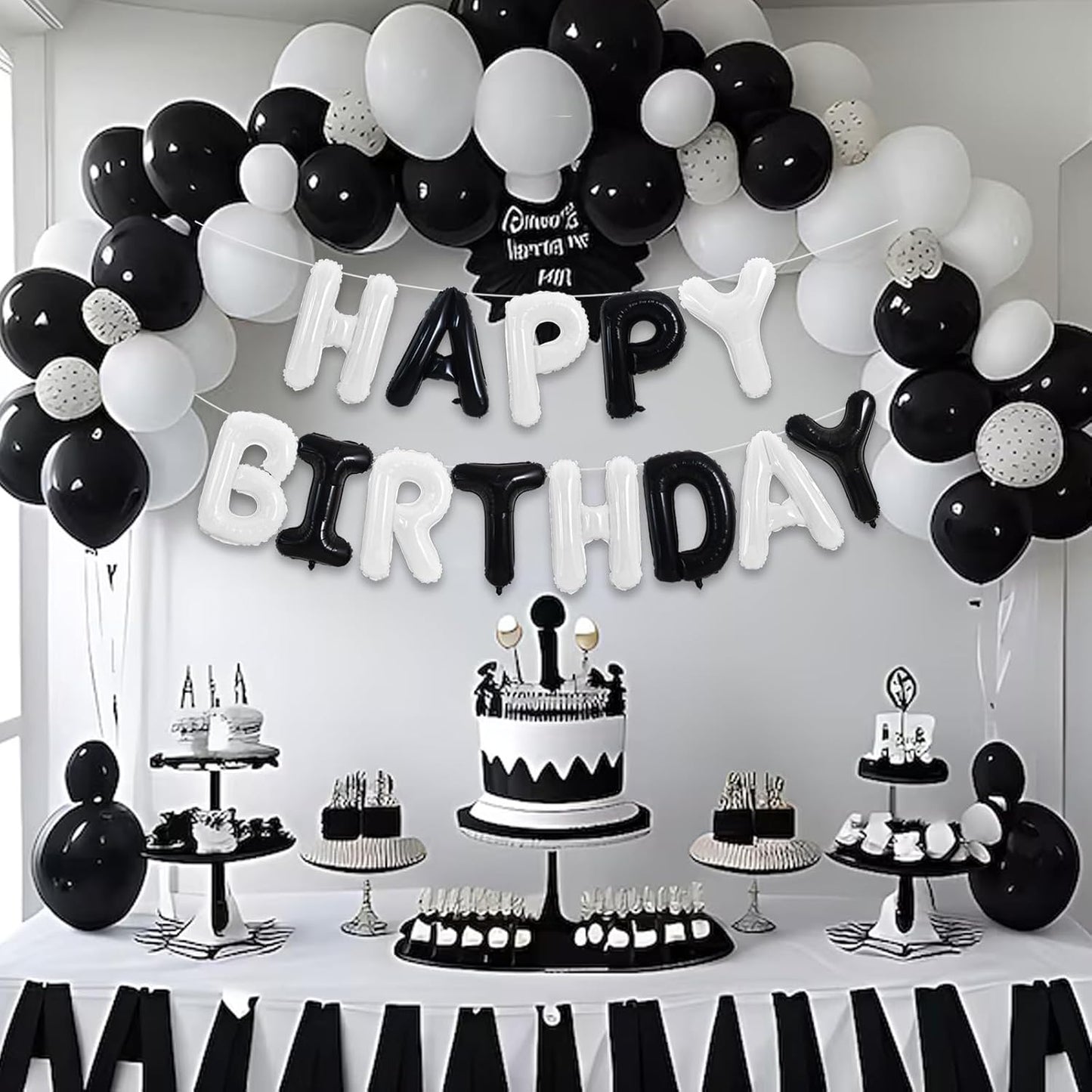 TONIFUL Happy Birthday Balloons Banner 16 Inch Mylar Foil Letters Birthday Sign Reusable for Girls Boys Kids & Adults Birthday Party Decorations Supplies（Black White）