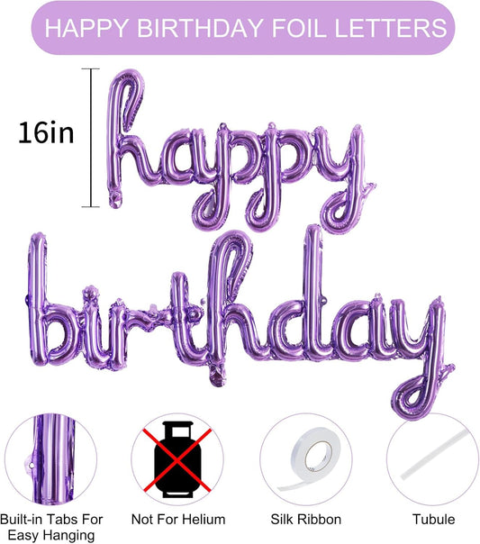 TONIFUL Purple Happy Birthday Balloons 16 Inch Purple Mylar Foil Script/Cursive Letters Balloons Sign Banner Reusable Material for Girls Boys Kids & Adults Birthday Decorations