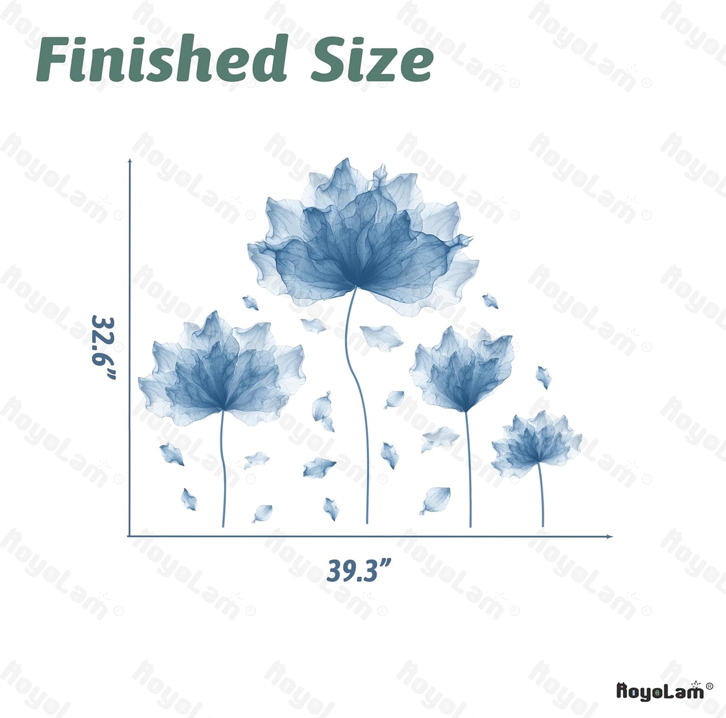 39.3'' x 32.6'' Huge Flower Petal Wall Decals Living Room Floral Wall Stickers Removable Peel and Stick Waterproof Wall Art Decor Stickers for Bedroom Bathroom Office (Blue)