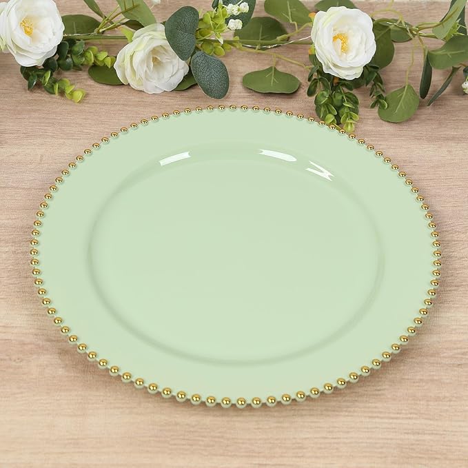 Efavormart 10-Pack Economy Plastic Charger Plates 13" Round Sage Green with Gold Beaded Rim - Stylish Dinner Party Serving Plates