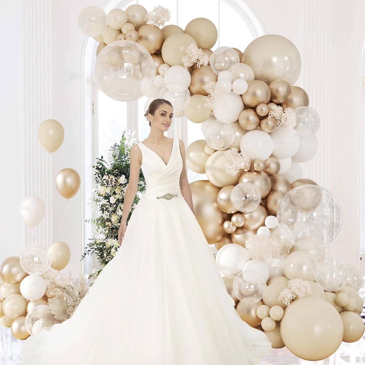 Beige Champagne Balloon Garland Arch Kit, Metallic Gold Sand Pearl White Clear Champagne Balloons for Engagement Bridal Baby Shower Wedding Anniversary Birthday Party Decorations
