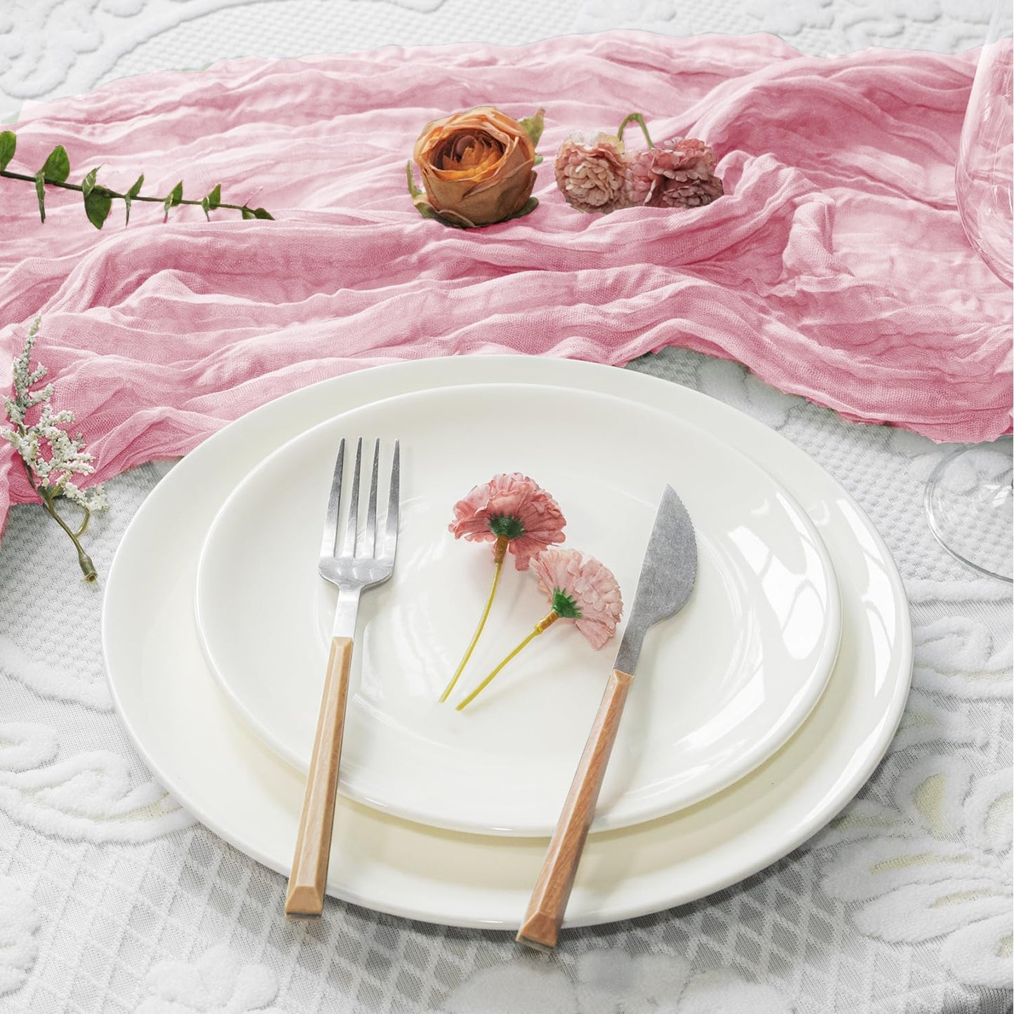 GARIG 12 Light Pink Table Runner for Summer, 10FT Boho Sheer Spring Gauze Cheesecloth Table Runner 35x120Inch for Mother's Day Wedding Party Baby Bridal Shower Birthday Home Decor