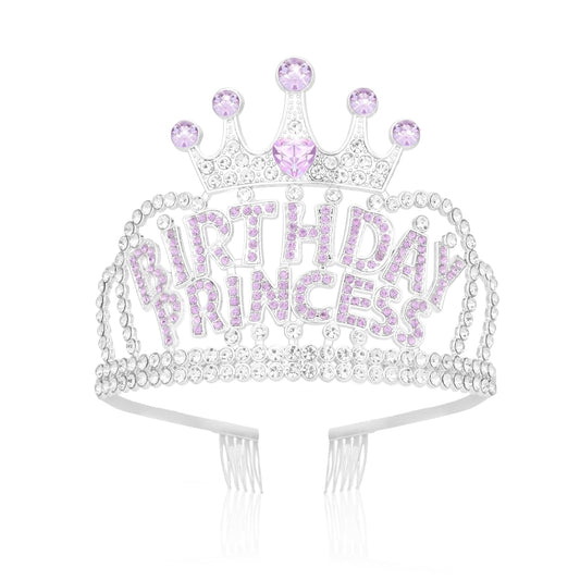 Wecoe Birthday Crown Purple Princess Rhinestone Tiara with Combs Happy Birthday Party Favors Pink Decorations 16th 18th 21st 25th Gifts for Her
