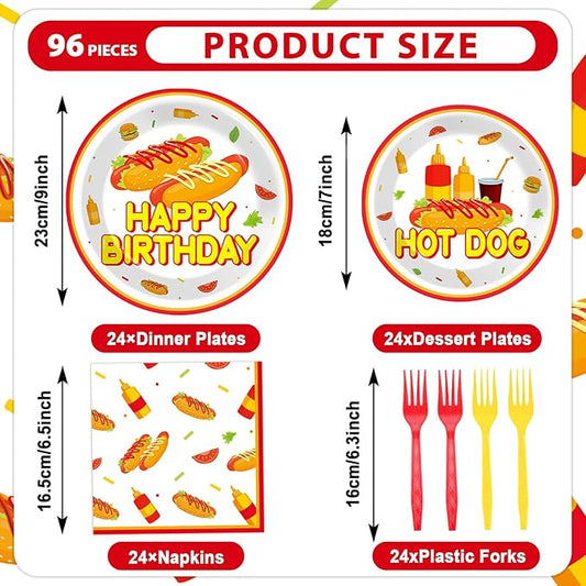 96Pcs Hot Theme Dog Birthday Party Paper Plates and Napkins for Fast Food Themed Party Supplies Hot Dog Themed Paper Dessert Plates Picnic BBQ Tableware Set for 24 Guests Birthday Party Decorations
