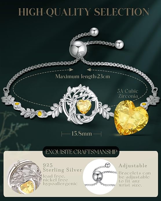 FANCIME Valentines Day Gift Tree of life Birthstone Bracelet for Women Sterling Silver Tree Jewelry Birthstone Charm Bracelet Gemstone Anniversary Birthday Gifts for Wife Mom Her