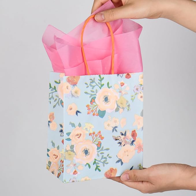 24 Pack Mini Floral Paper Gift Bags Small Green Party Favor Bags with Handles and Pink Tissue Paper for Wedddings, Bridal Baby Showers, Birthdays, Tea Parties 6.5x5.5x3 Inch (Spring Flowers)