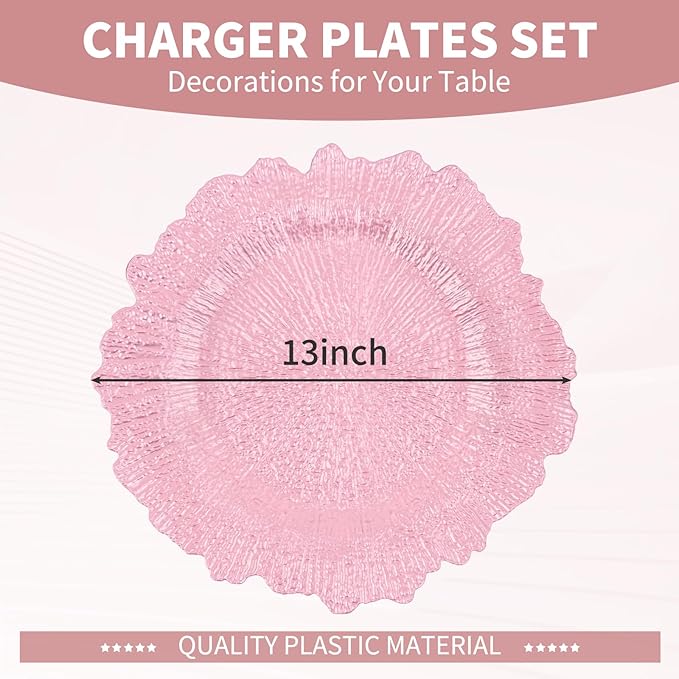 Teruntrue 50 Pcs Pink Charger Plates Bulk 13 Inch Plastic Charger Plates for Dinner Plate, Pink Chargers for Table Setting, Reef Design Plate Floral Decorative Round Chargers for Wedding Party Event