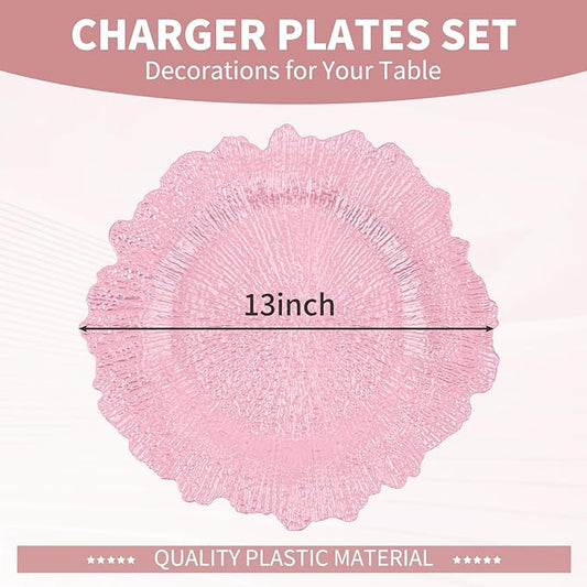 Teruntrue 50 Pcs Pink Charger Plates Bulk 13 Inch Plastic Charger Plates for Dinner Plate, Pink Chargers for Table Setting, Reef Design Plate Floral Decorative Round Chargers for Wedding Party Event