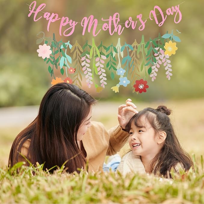 Giga Gud Happy Mother's Day Banner Set Decoration for Mom's Day Party Decorations Backdrop Garland for Mom Mother's Day Glitter Garland Photo Props (Pink Letter Flower)