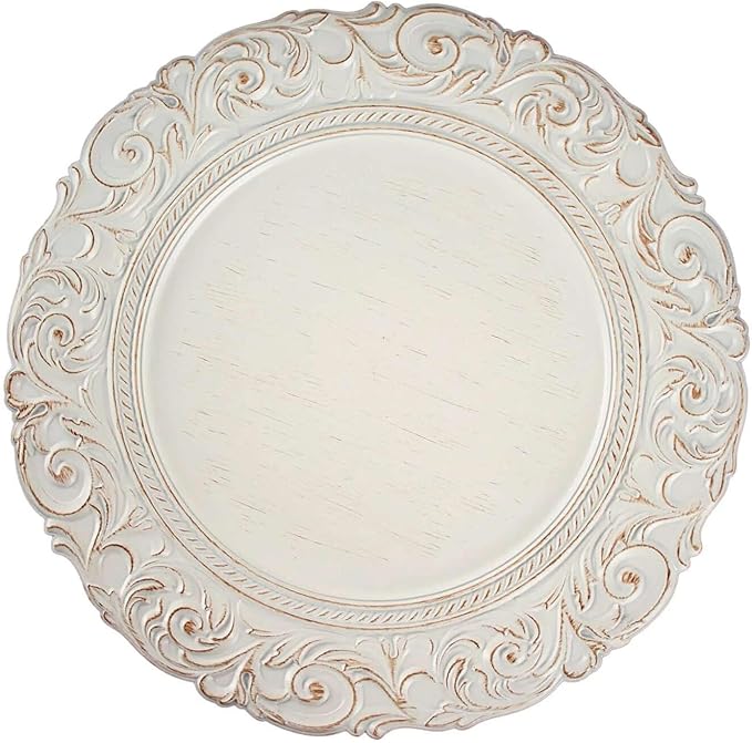 Efavormart 12-Pack Acrylic Charger Plates 14" Round Antique White Gold with Engraved Baroque Rim - Vintage Disposable Decorative Chargers