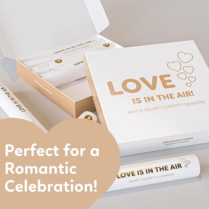 White Biodegradable Heart Confetti Poppers Confetti Cannon | 6 Pack | Party Poppers Decoration for Valentine's Day, Wedding, Bridal Shower | Wedding Supplies Party Favors | 12 in | TUR Party Supplies