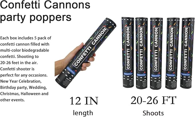 Biodegradable Confetti Cannon Party Poppers - 5 Pack Party Poppers Confetti Shooters for Birthday Graduation Wedding New Years Eve Celebration Office Prank, Large Confetti Cannon