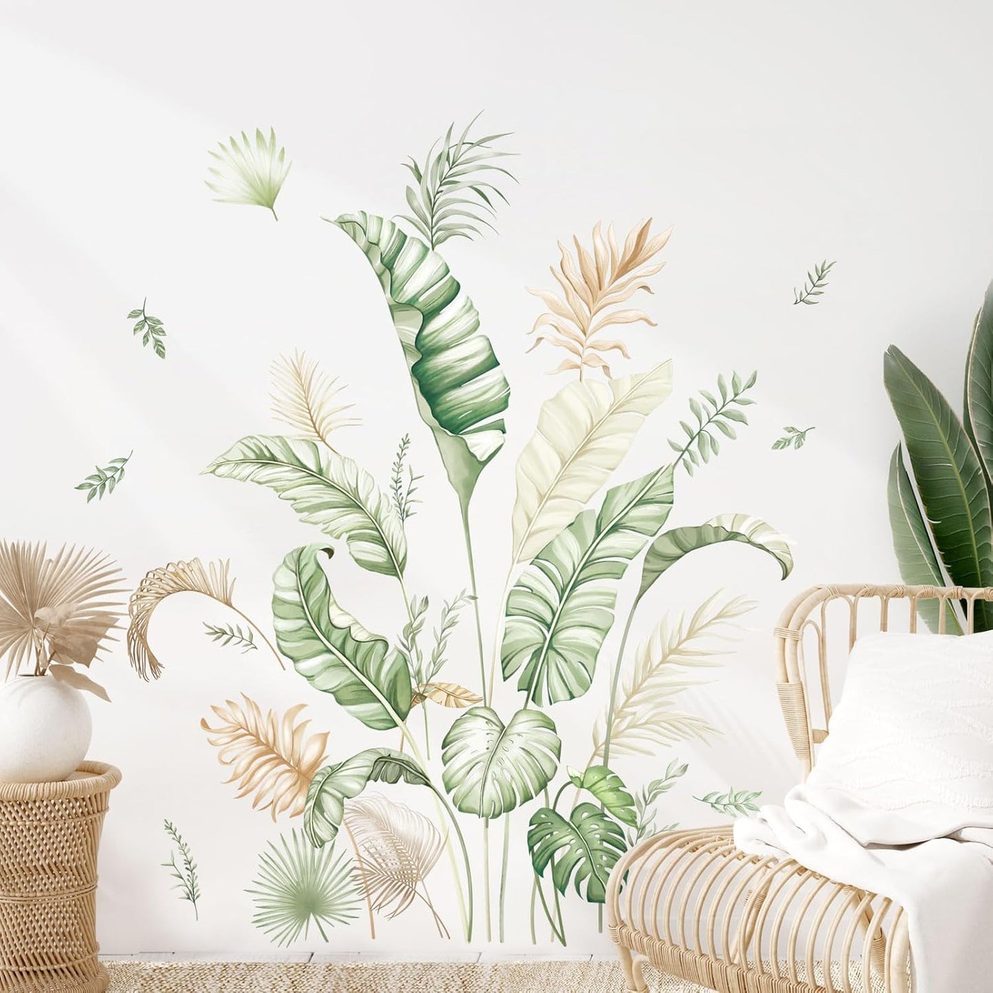 Boho Palm Leaves Wall Decals Green Tropical Plants Wall Stickers Monstera Leaf Art Wall Decor for Bedroom Living Room Kitchen Sofa TV Backdrop