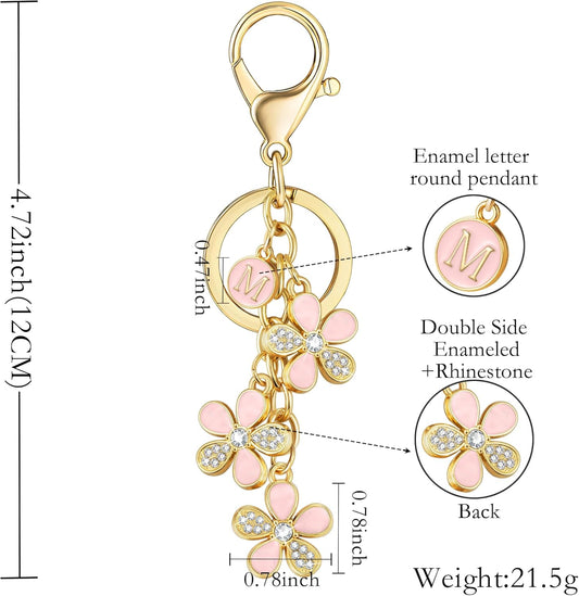XGALBLA Cute Flower Crystals Rhinestone Initial Letter Keychain for Women, Bag Charms Bling Sparkly Enameled Keychain Handbag