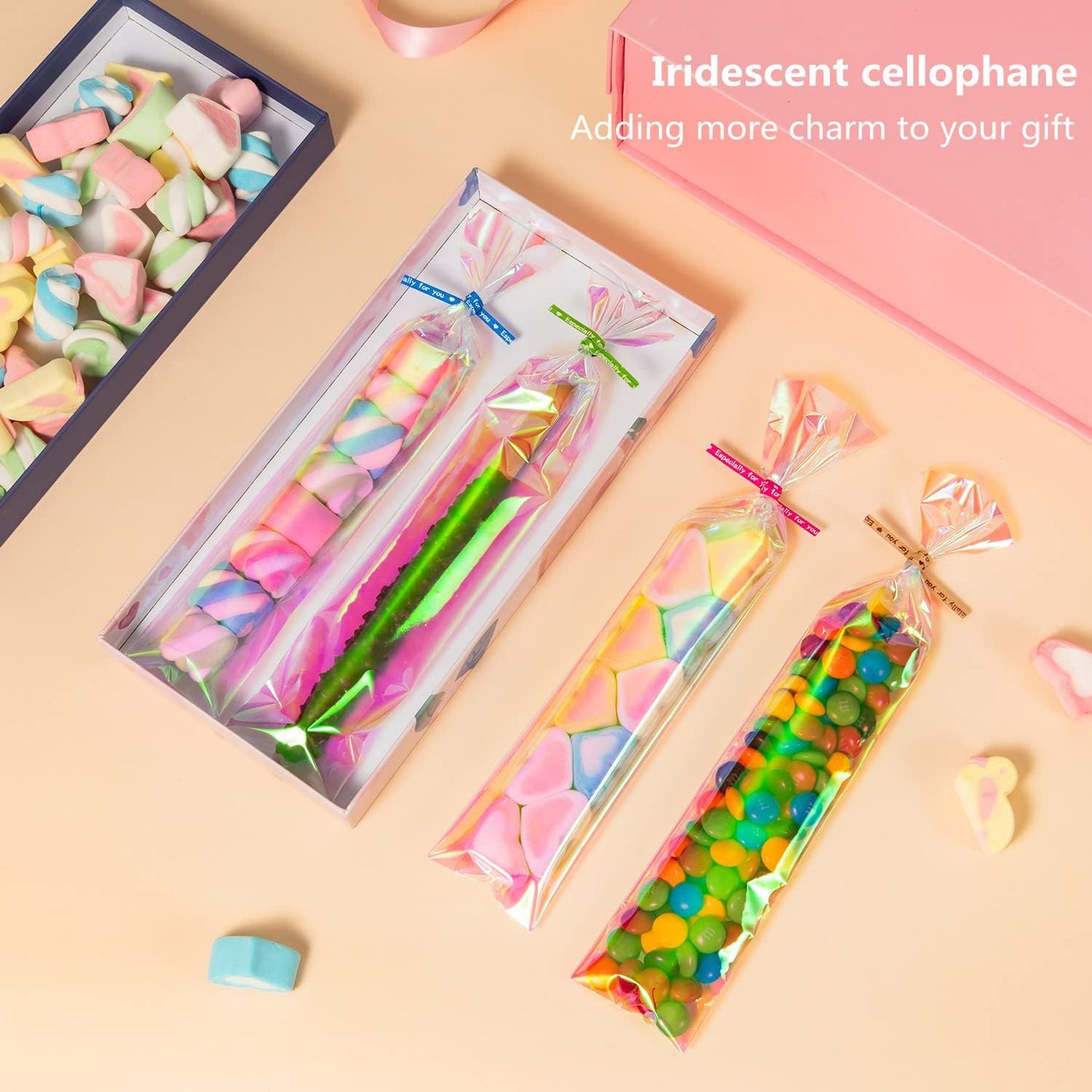 Cellophane Treat Bags, 2x10 Inch Iridescent Holographic Pretzel Bags With Twist Ties, Chocolate, Cookies (Pack of 100)