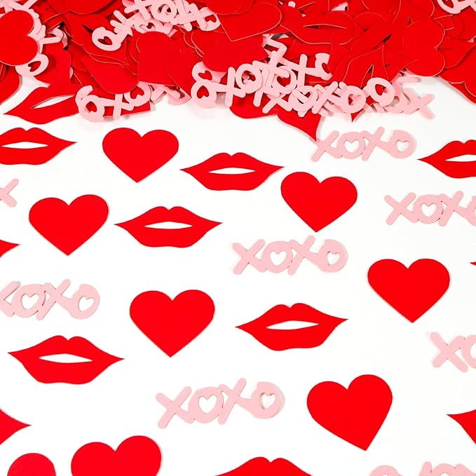 XOXO Letters with Red Lips & Hearts Confetti - 200-Piece Romantic Party Decor, Biodegradable Paper Mix for Valentine's Day, Wedding, Anniversary Table Scatter
