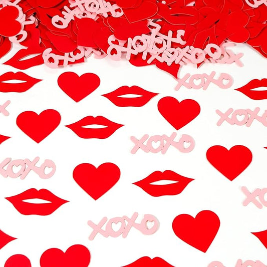 XOXO Letters with Red Lips & Hearts Confetti - 200-Piece Romantic Party Decor, Biodegradable Paper Mix for Valentine's Day, Wedding, Anniversary Table Scatter