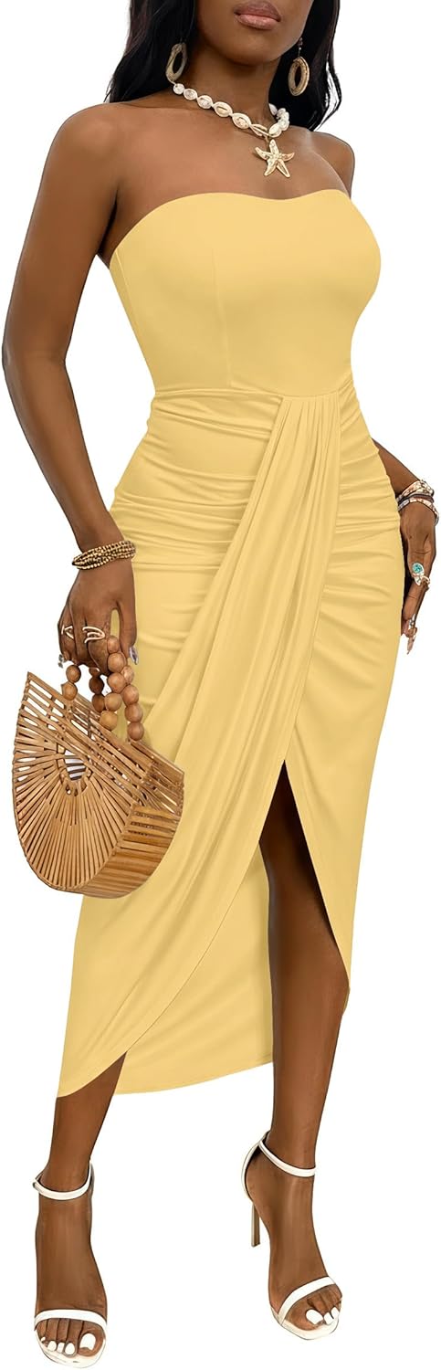 Umenlele Women's Strapless Ruched High Waist Wrap Split Asymmetrical Beach Maxi Long Dress