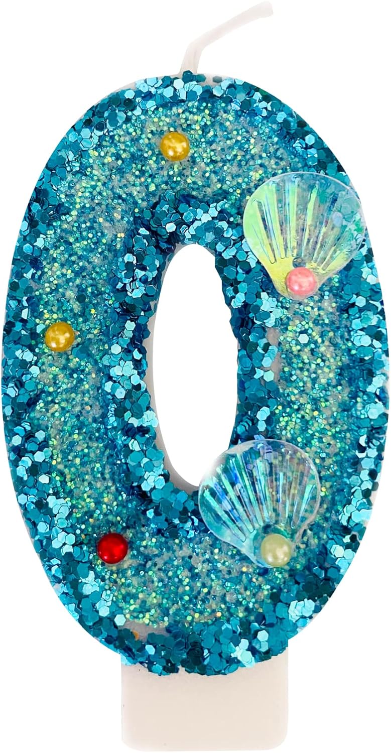 Blue Number Candle,Shell Sequins Number Candles for Birthday Cakes Mermaid Themed Party Supplies Number 0 Candle