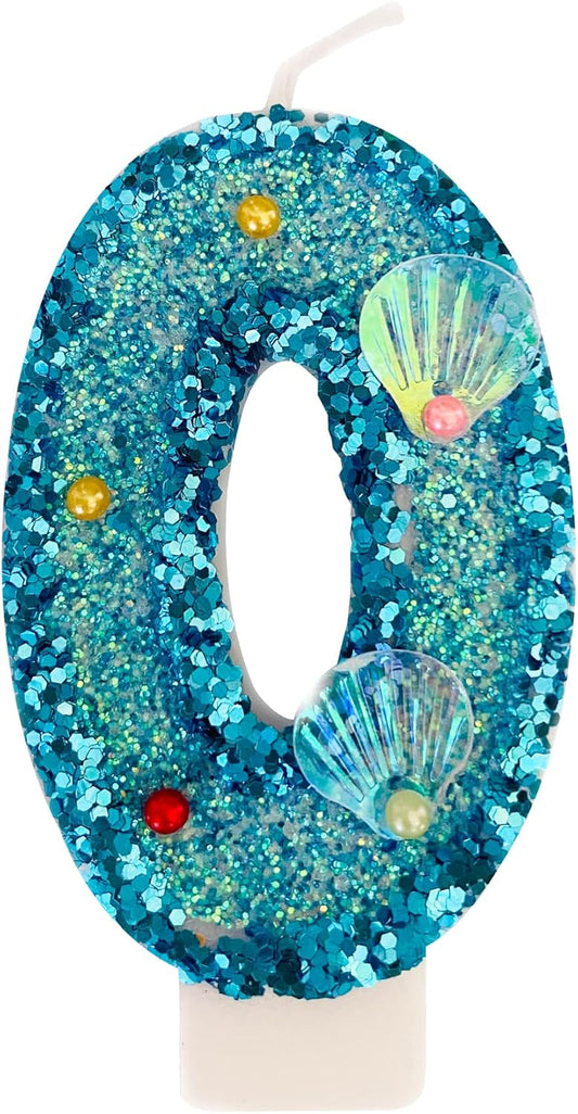 Blue Number Candle,Shell Sequins Number Candles for Birthday Cakes Mermaid Themed Party Supplies Number 0 Candle