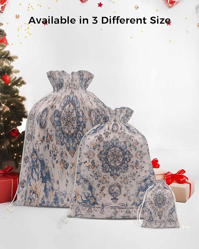 Floral Drawstring Gift Bags 1 Piece, 27.5" x 31.5" Large Vintage Boho Persian Tribal Style Flowers Gift Bag Reusable Fabric Wrap Bags for Wedding Party Birthday Christmas Holiday