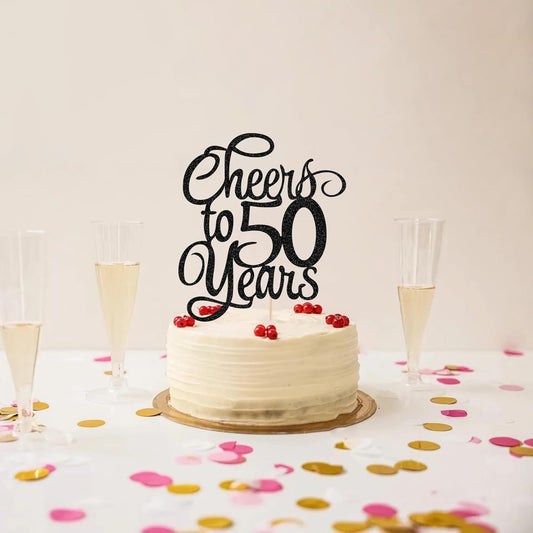 Cheers to 50 Years Cake Topper - Black Glitter 50th Birthday Cake Decorating Supplies, Perfect for 50th Anniversary or Fifty Birthday Party, Photo Booth Props