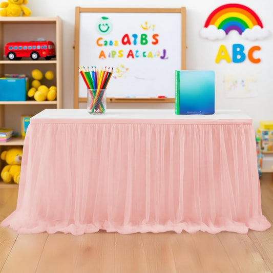 6FT Tulle Table Skirt for Teacher Desk Rectangular Ruffle Table Back to School Supplies for Kindergarten Preschool Middle School Classroom Decor, Pink 2