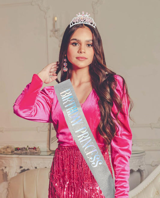 Wecoe Silver Birthday Crown and Sash: Women's Princess Crown with Rhinestone Tiaras & Sash - Happy Birthday Party Favors & Decorations for Adult Women Celebrants