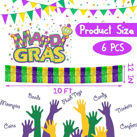 6 Pack 10 Feet Mardi Gras Foil Fringe Garland Metallic Tinsel Streamers Banner Wall Hanging Backdrop Banner for Parade Floats, Valentine's Day, Wedding, Birthday Party Decorations Gold Green Purple