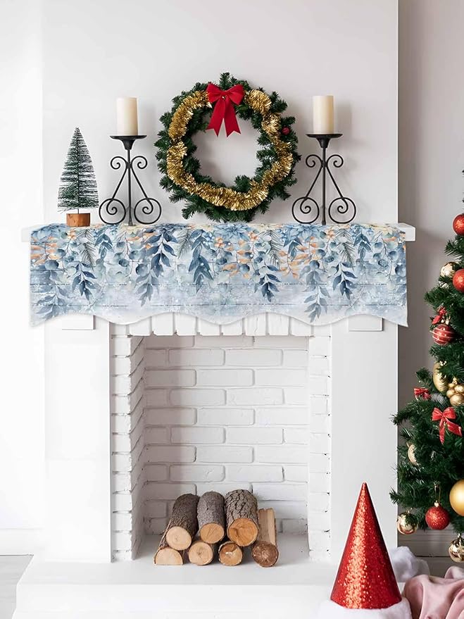 Blue Eucalyptus Fireplace Mantel Scarf Table Runner, Christmas Leaves Poinsettia Farmhouse Wooden Winter Garland Mantel Top Tablerunners Dresser Scarves Cover for Windows Party Living Room 60''x17''