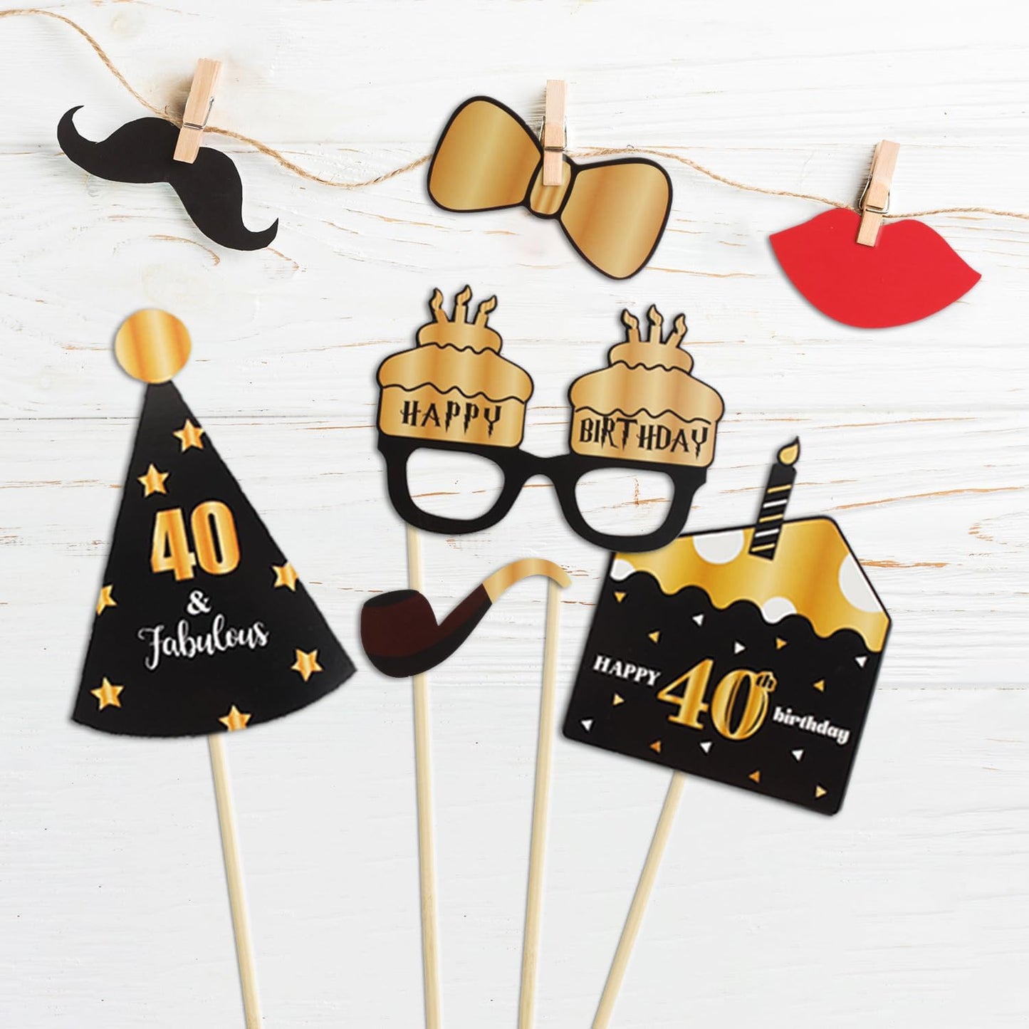 LINGTEER Happy 40th Birthday Party Photo Booth Props,Cheers to 40th Birthday Forty Years Old Bday Party Centerpieces Props Decorations Sign.