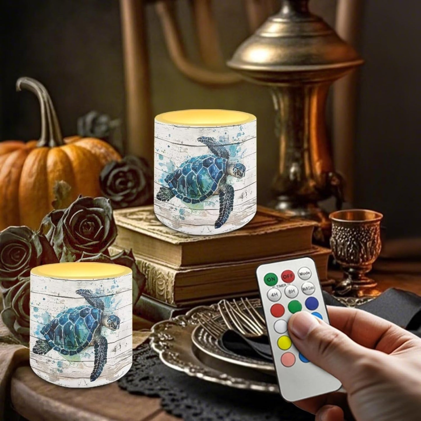Poceacles 4 Piece Flameless LED Candles with Remote, Plastic Battery-Powered Candles with 12 Colors Changing Decorative Night Light for Home Holiday Decor, Watercolor Sea Turtle Wood Grain