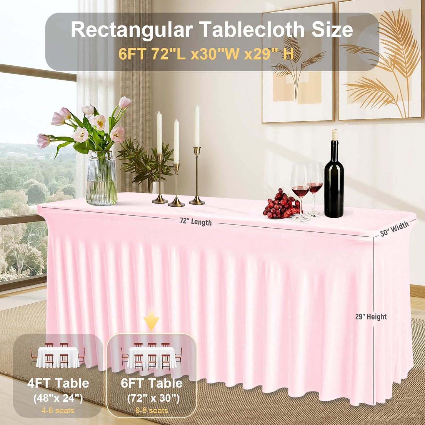 Rectangle Tablecloth 6FT – Pink Fitted Spandex Table Cover, Wrinkle-Free, Stretch Fabric with Elastic Edges for Wedding, Banquet, Party, Buffet, Birthday,Restaurant