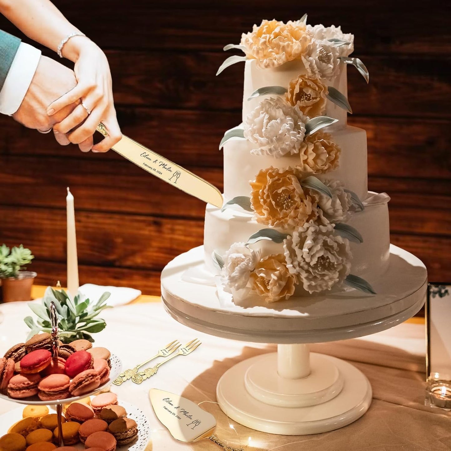 Personalized Wedding Cake Knife and Server Set Custom Cake Cutting Set Engraved Gold Cake Cutter Server Forks for Wedding Anniversary Engagement Birthday Gifts