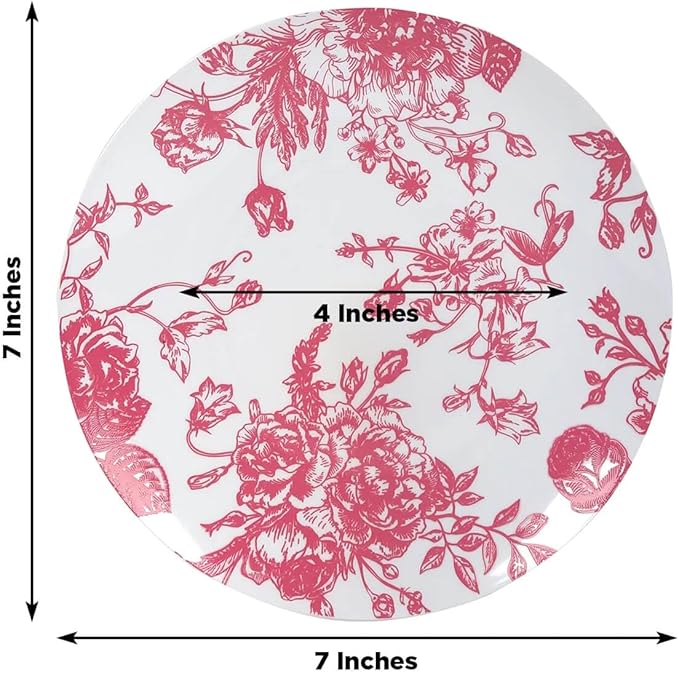 Efavormart 10-Pack French Toile Plastic Dessert Plates – Pink & White Floral, 7" Round Disposable Salad Plates