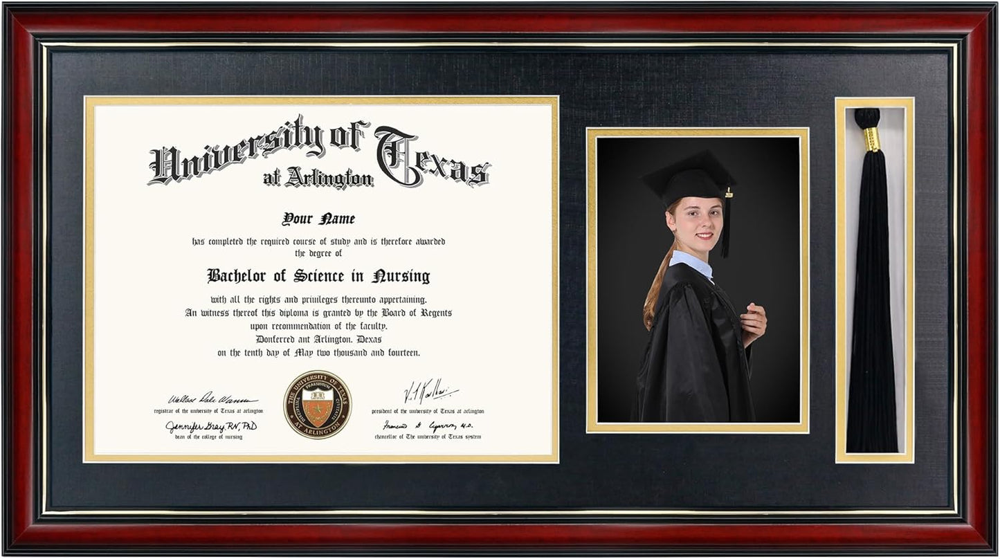 GraduationMall 11x22 Cherry Diploma Frame with Tassel Holder and Picture for 8.5x11 Certificate 5x7 Photo,Tempered Glass,Black over Gold Mat