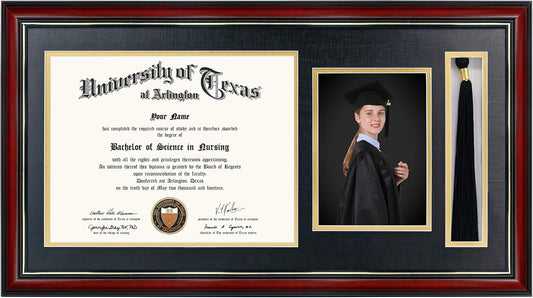 GraduationMall 11x22 Cherry Diploma Frame with Tassel Holder and Picture for 8.5x11 Certificate 5x7 Photo,Tempered Glass,Black over Gold Mat