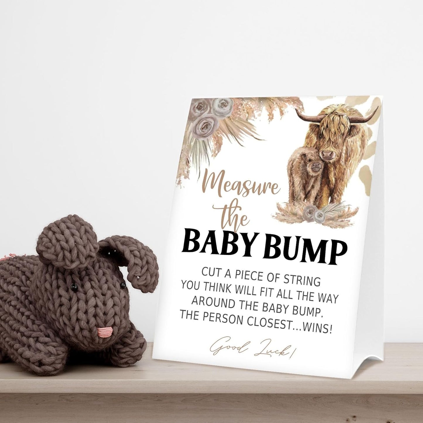 Baby Shower Games Measure the Baby Bump Sign, How Big is Mommy's Belly Party Favors Supplies, 5x7 Inch Kraft Standing Sign and 50 Guessing Cards, Holy Cow, Boho Highland Cow