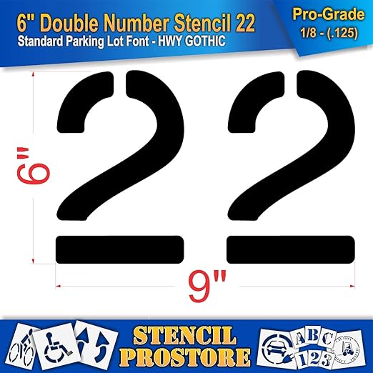 Pavement, Curb, and WheelStop Stencils - 6 inch Double Number Stencil - (22) - 6" x 9" x 1/8" (128 mil) - Pro-Grade