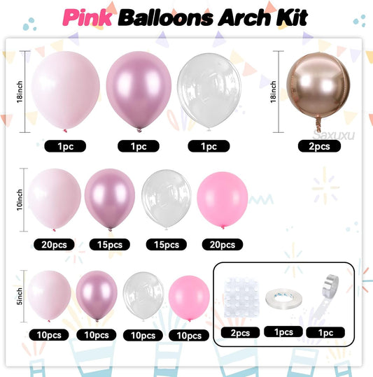 Pink Balloon Arch Kit, Pink Balloon Garland Arch Kit, Rose Gold 4d Round Foil Balloons, Macaron Light Metallic Latex Helium Clear Balloons For Girls Women Birthday Baby Shower Party Wedding Decor