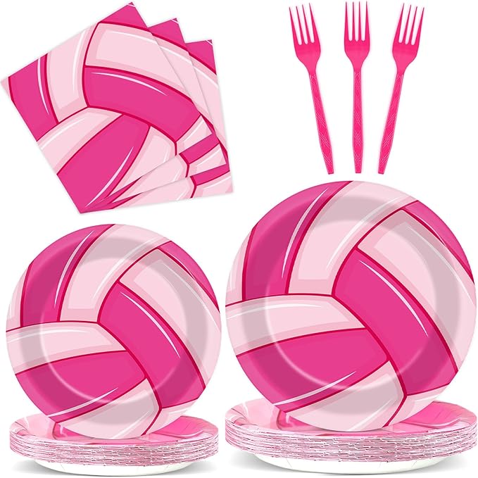 96Pcs Pink Volleyball Party Supplies - Sport Paper Plates, Napkins, Theme Decorations, Dinnerware Favor for Birthday, Baby Shower Tableware - Serves 24
