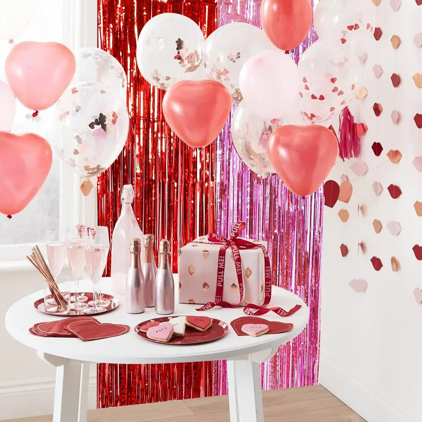 TONIFUL Valentine's Day Door Streamers,Red and Pink Photo Booth Backdrop Metallic Streamers Foil Fringe Curtain for Birthday Valentine's Day Bridal Shower Engagement Party Decoration