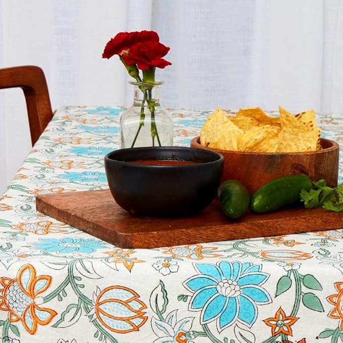 Block Print Cotton Dining Table Cloth, 90" x 60", Rectangle Tablecloth, Decorative Fabric Table Cover, Holidays, Thanksgiving, Christmas, Weddings, Housewarming Gift (Orange Turquoise Blue Lotus)