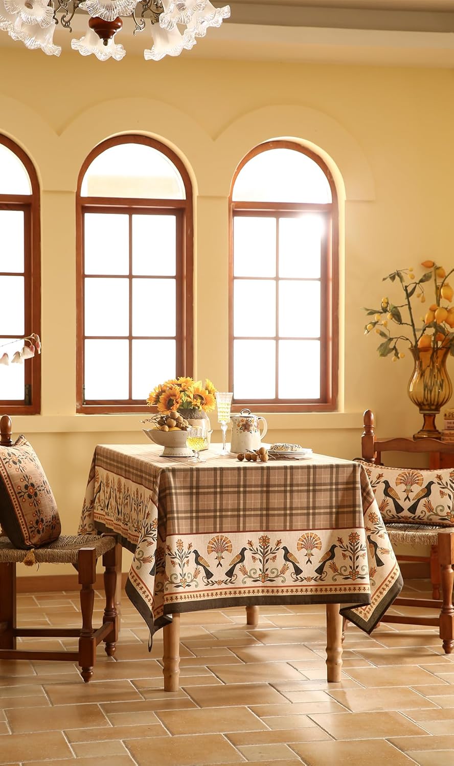 Vintage Brown Checkered Extra Long Rectangle Tablecloth,Italian Floral Linen Wrinkle Free Table Cloth,Decor Table Cover for Kitchen,Dining,Thanksgiving,Christmas,63"*110"-Seville